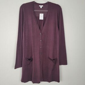 J. Jill Size L Long Cardigan Button Cotton Rayon Lightweight Dark Purple NWT